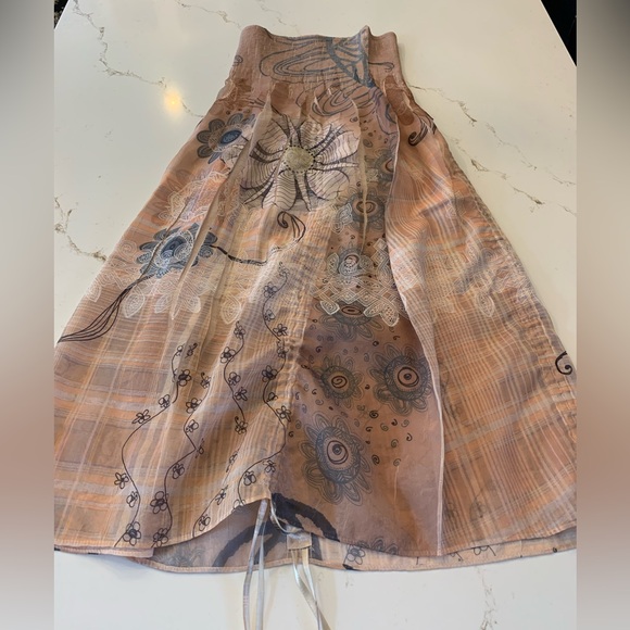 Vintage 90’s Dress Strapless Abstract Floral Beige With Pull-string Hem Size Med - Picture 2 of 10